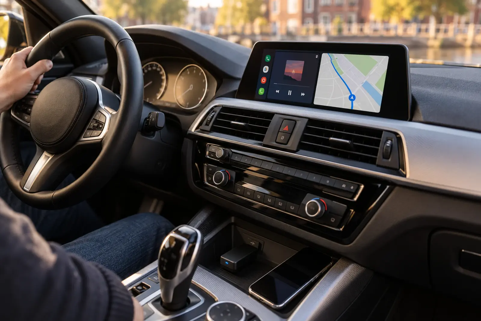 Draadloze Android Auto adapter in de USB-poort van de middenconsole van een BMW, geparkeerd aan een gracht in Alkmaar