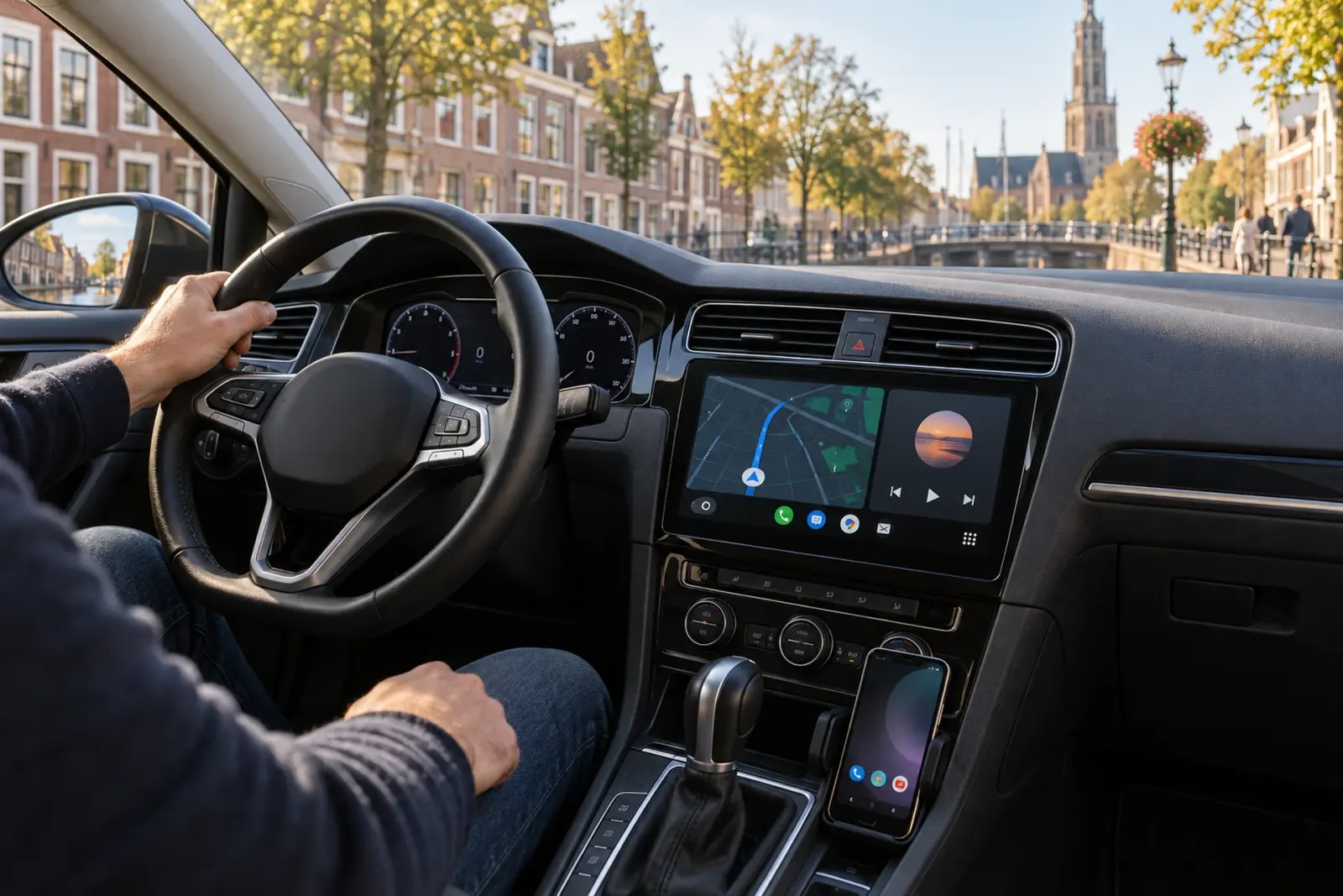 Android Auto bestellen in Alkmaar: Google Maps op een 10-inch touchscreen in een Volkswagen langs een gracht in Alkmaar