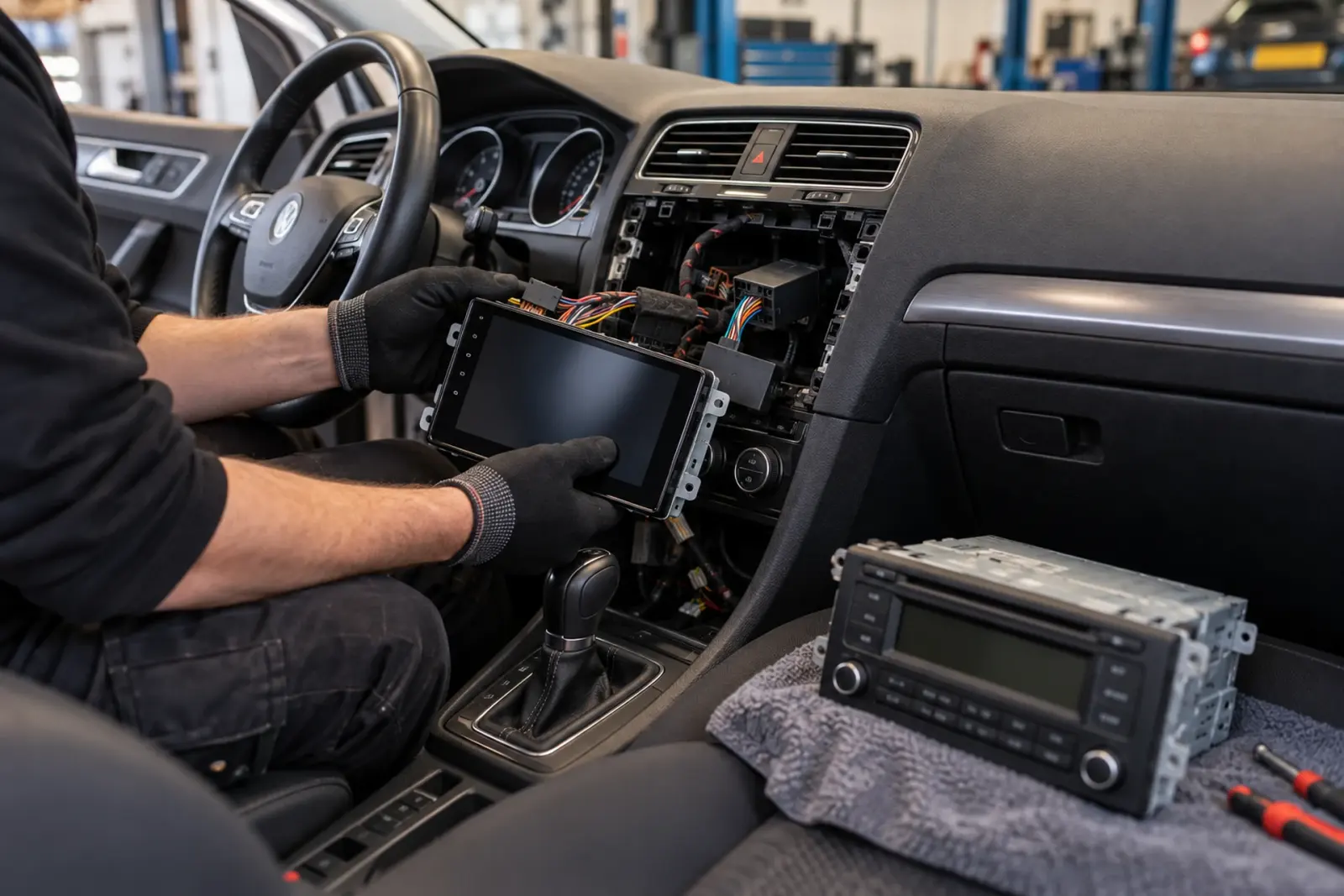Android Auto radio inbouwen in Alkmaar: de oude fabrieksradio van een Volkswagen Golf ligt naast het nieuwe touchscreen in de werkplaats