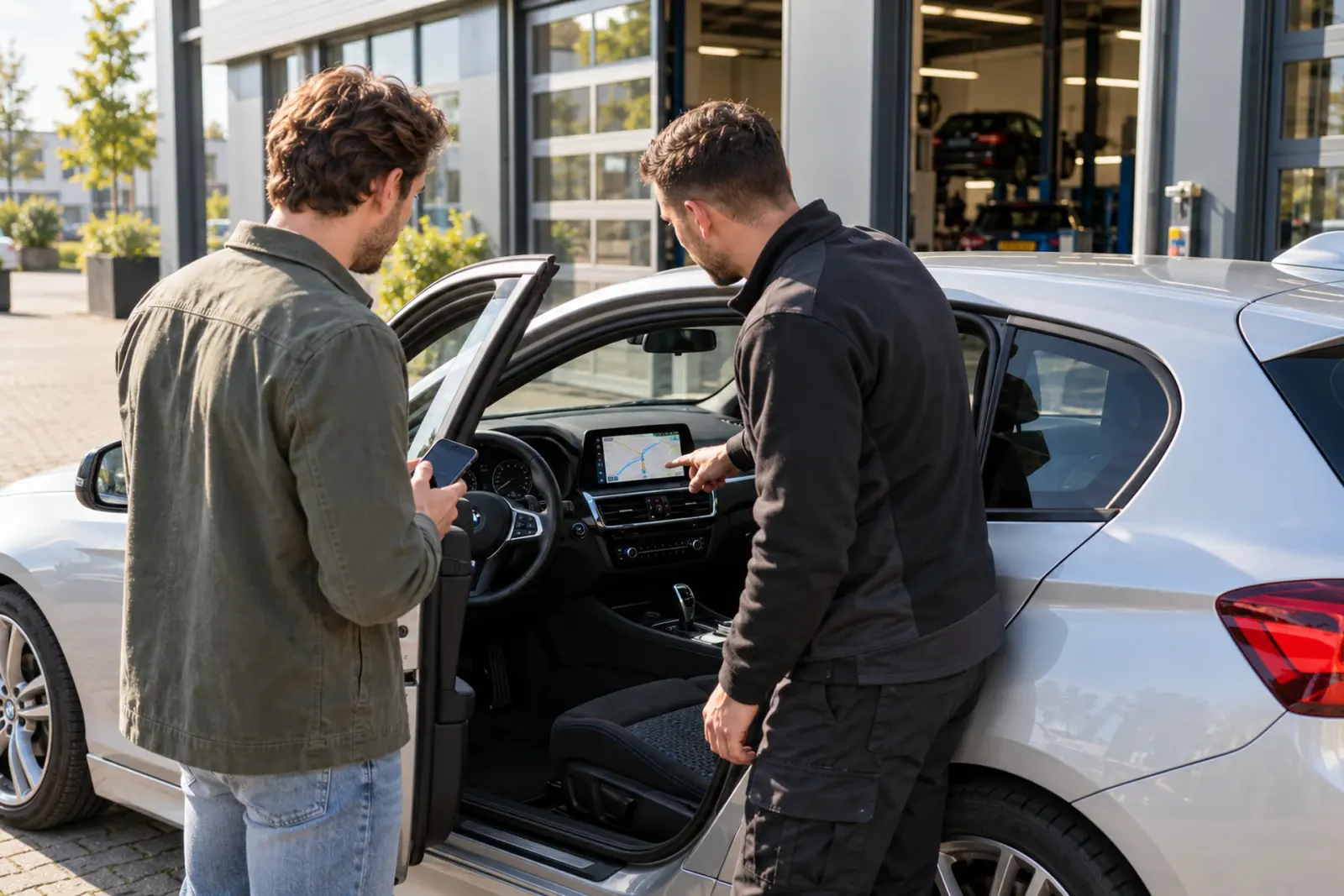 Monteur van de inbouwpartner wijst een klant uit Alkmaar de navigatie aan op het nieuwe scherm van zijn BMW 1-serie