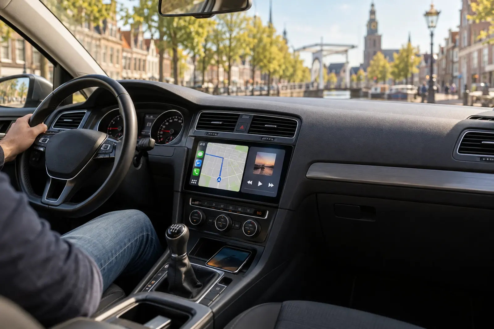 CarPlay bestellen in Alkmaar: CarPlay-scherm met navigatie in het dashboard van een Volkswagen langs een gracht in Alkmaar