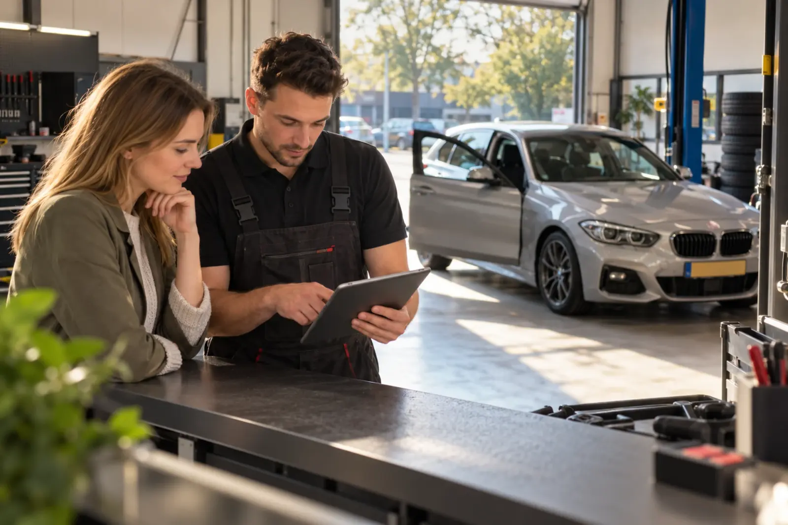 Monteur bespreekt de CarPlay-offerte op een tablet met een klant uit Alkmaar aan de balie van de werkplaats, een BMW 1-serie op de achtergrond
