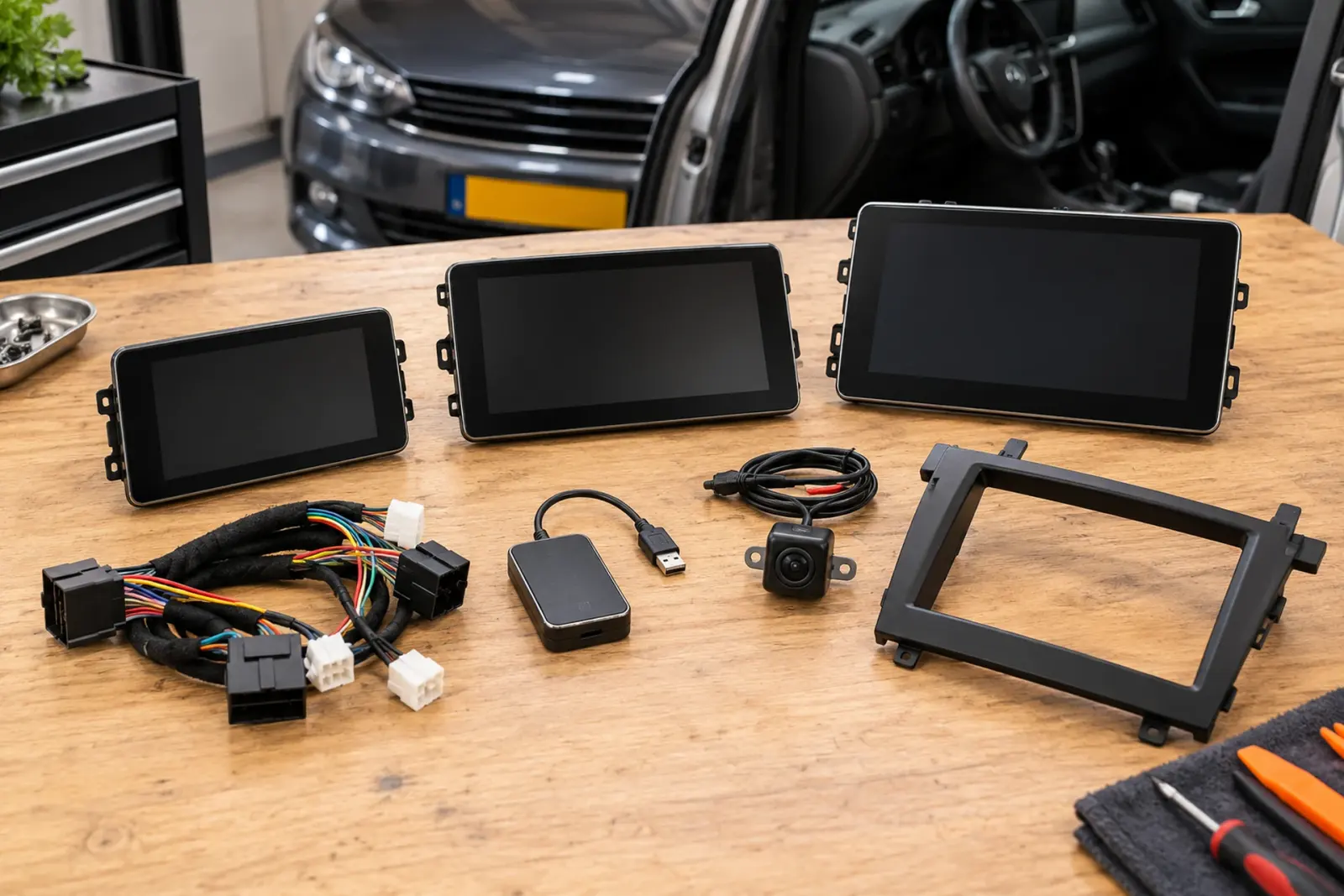 CarPlay prijzen in Alkmaar: drie touchscreens in verschillende maten, kabelboom, draadloze adapter, achteruitrijcamera en inbouwframe op de werkbank van de inbouwpartner