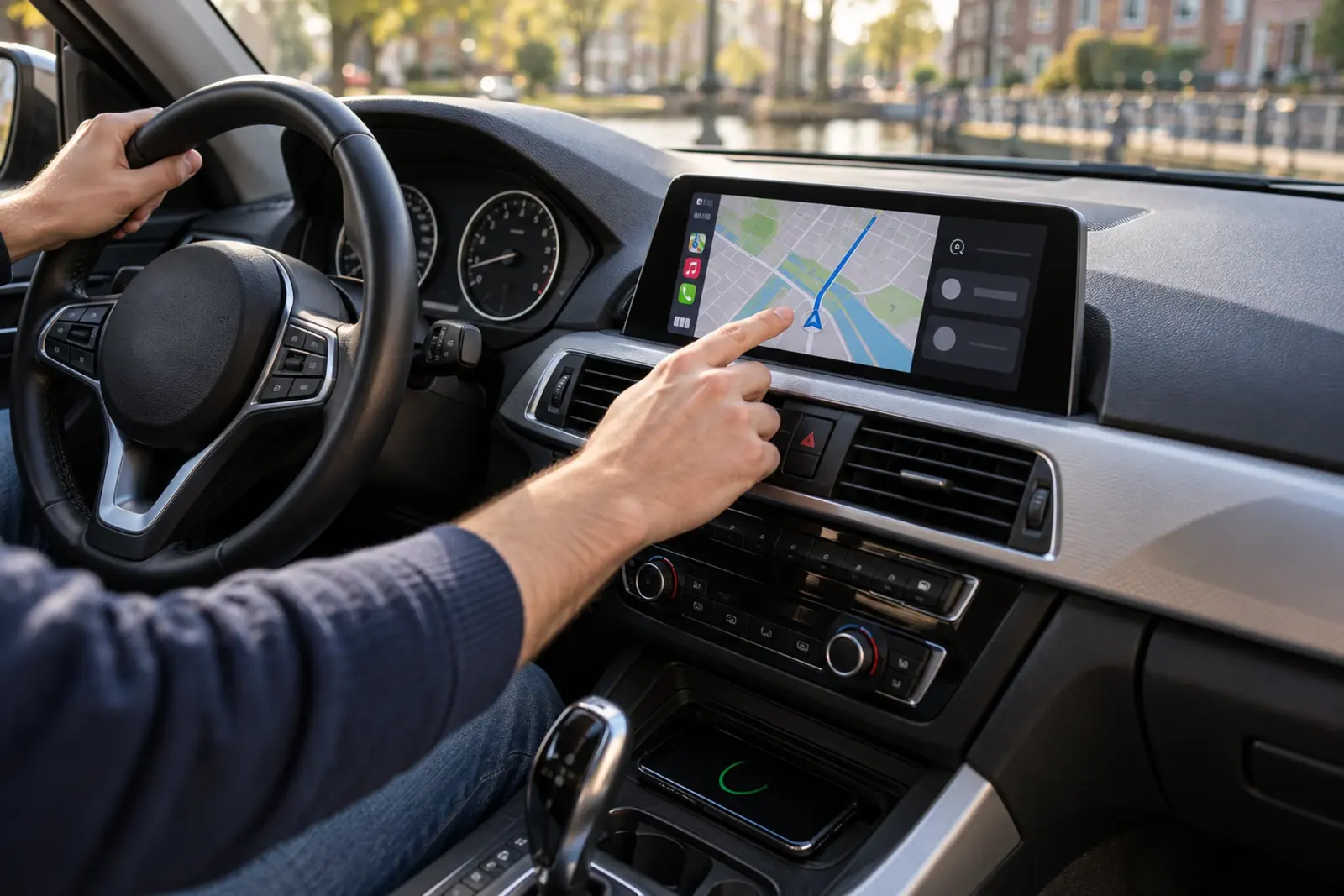 Bestuurder bedient de navigatie op een breed CarPlay scherm in een BMW, geparkeerd langs een gracht in Alkmaar