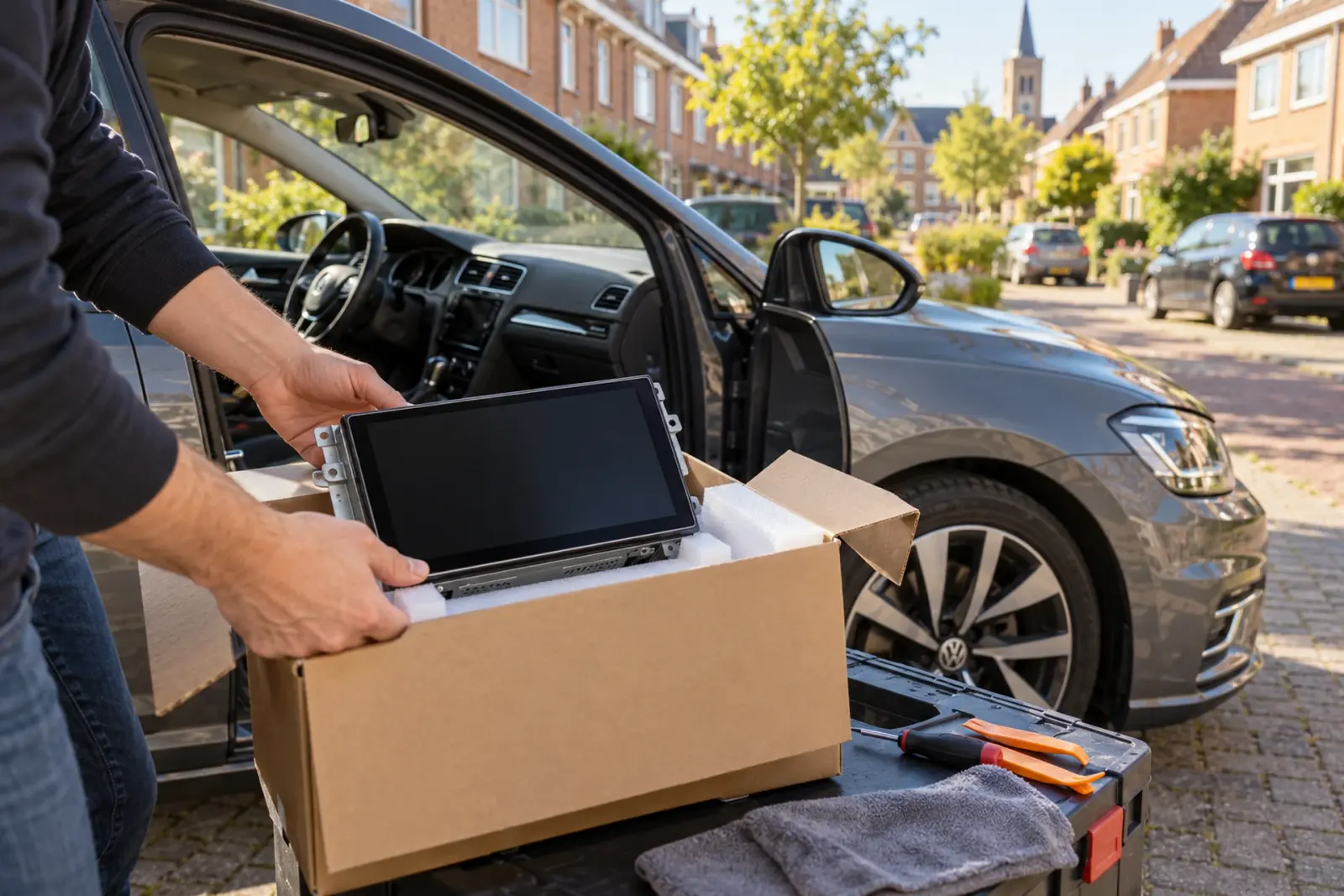 CarPlay scherm bestellen in Alkmaar: nieuw touchscreen wordt uitgepakt naast een Volkswagen Golf in een woonstraat