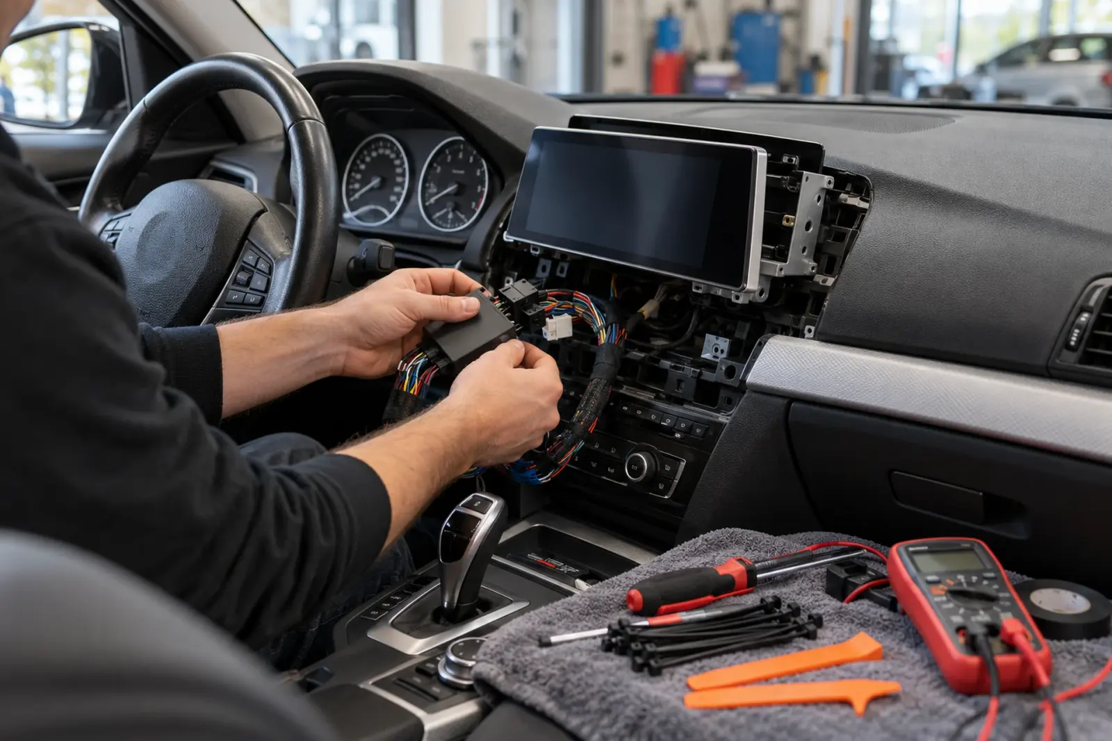 Monteur sluit een interfacemodule aan op de kabelboom achter het scherm van een BMW tijdens de CarPlay-inbouw voor een klant uit Alkmaar