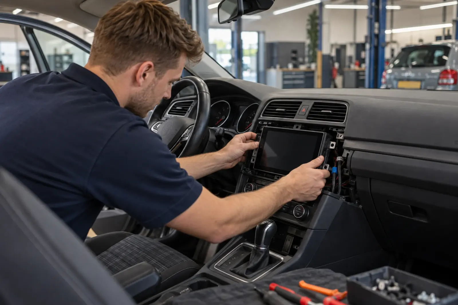 CarPlay scherm inbouwen in Alkmaar: monteur plaatst een touchscreen in het dashboard van een Volkswagen Golf in de werkplaats van de inbouwpartner